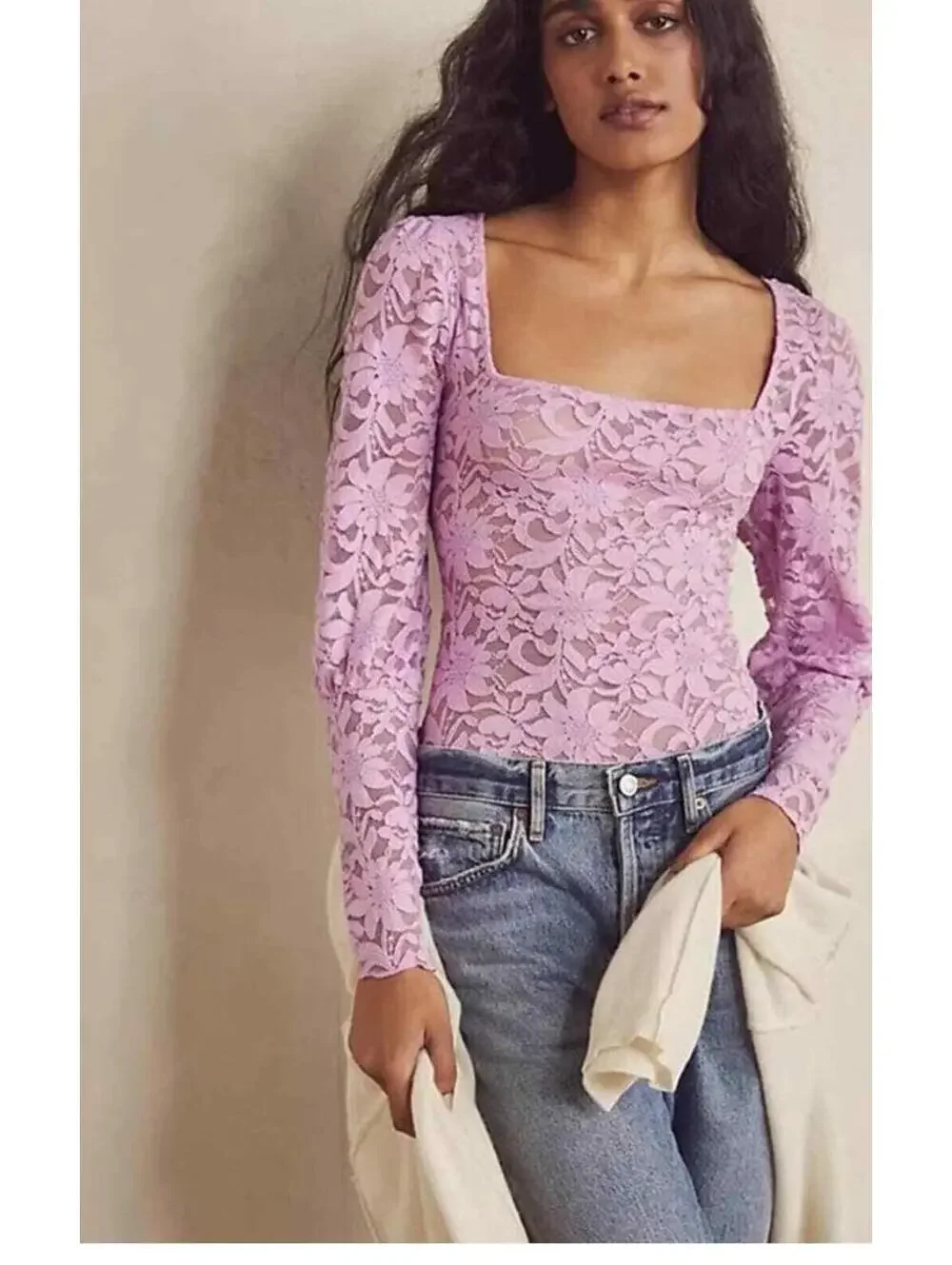 Free People Long Distance Layering Top in Flower Trail Women's Size S Baby Pink